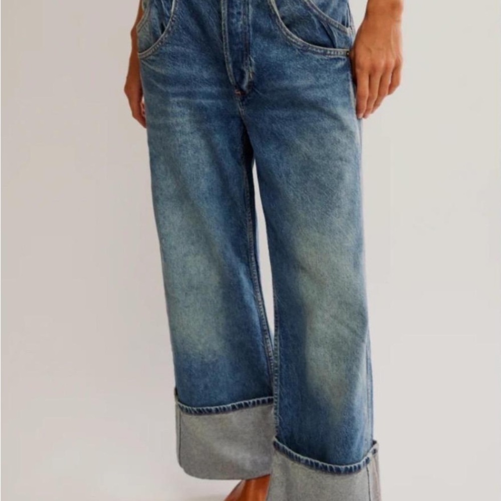 We The Free, Free People Good Luck Mid Rise Wide Leg Stove Pipe Jeans faded blue